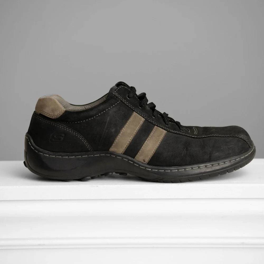 VTG Skechers Y2K Mens 12 Black Leather Oxford Sneakers Square Toe GorpCore Retro